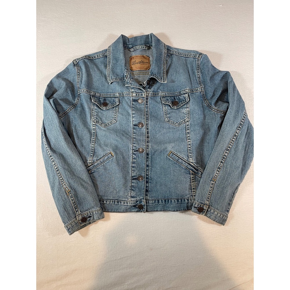 Levi Strauss Signature Womens Denim Trucker Jacket Medium Wash Blue Jean Coat